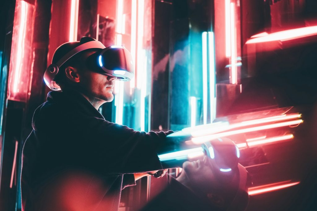Side view man in VR headset.